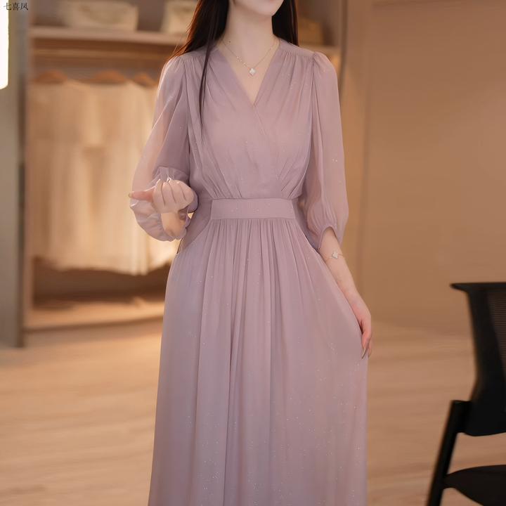 复古优雅感紫色领显瘦中长款连衣裙女夏季宽松收腰气质裙子山本裤