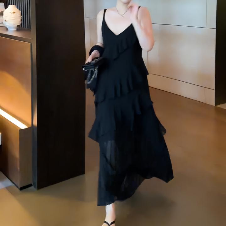 百搭大码胖MM显瘦连衣裙2026春季无袖长裙V领荷叶边吊带性感气质