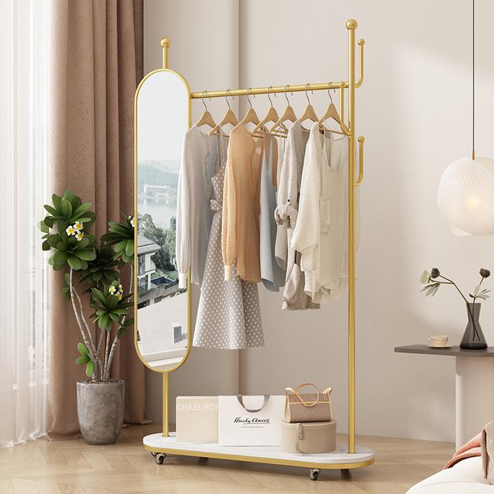 全身镜落地镜家用穿衣镜卧室可旋转移动铁艺带挂衣架一体试衣镜子