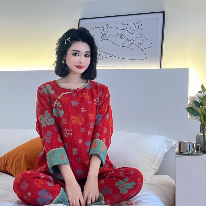 秋冬双层纱全棉新中式女长袖保暖古典时尚显瘦复古文艺家居服#571