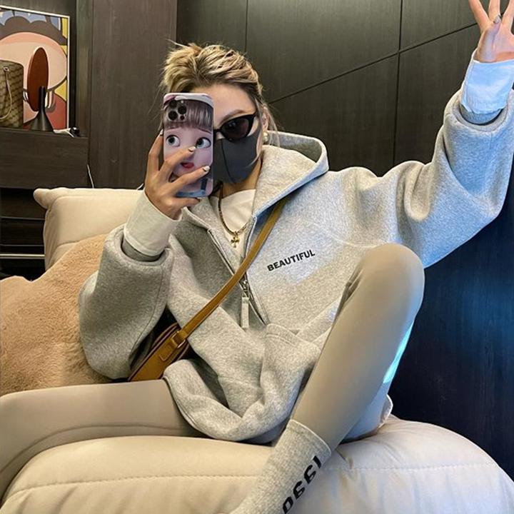 加绒连帽拉链卫衣女秋2025新款大码微胖mm显瘦减龄时尚加厚外套