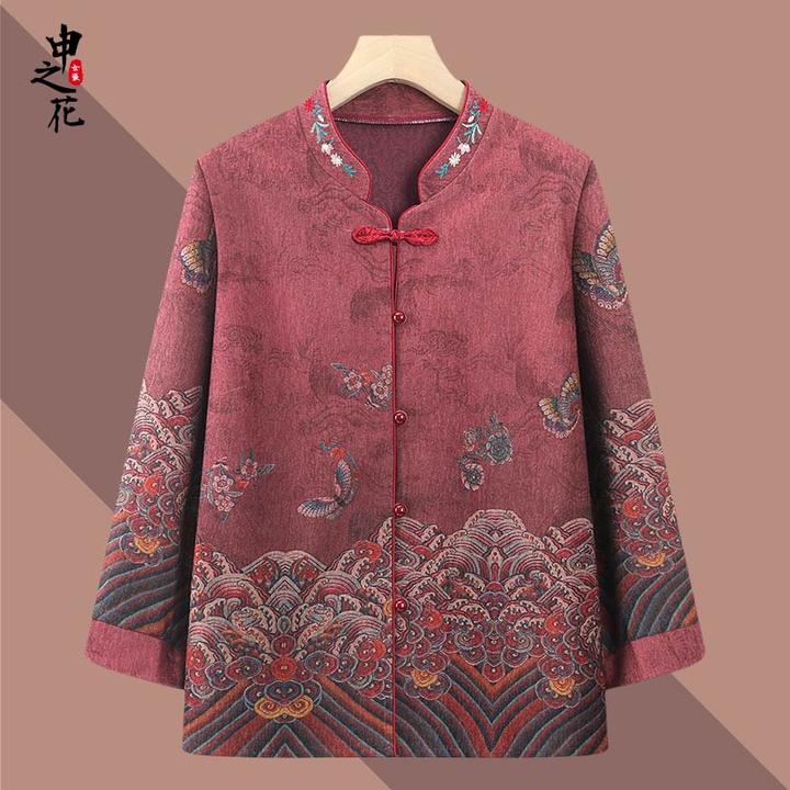 奶奶装春秋薄款外套中老年衬衫长袖女妈妈秋装老人老太太宽松衣服