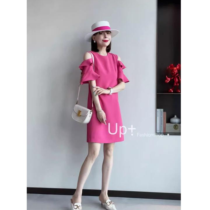 欧洲站夏季新款高端荷叶边袖露肩宽松显瘦气质圆领中长款连衣裙