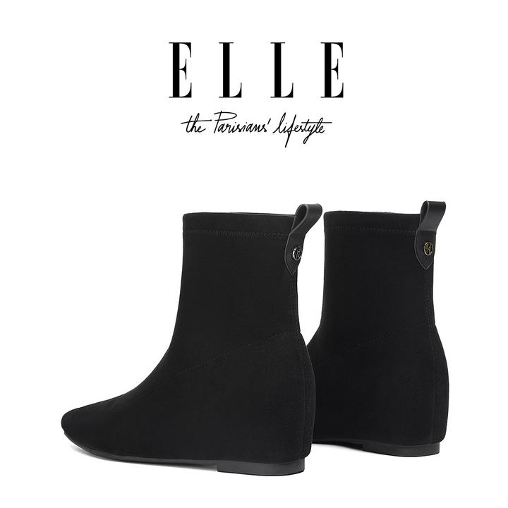 ELLE小个子内增高绒面短靴方头平底显瘦弹力靴2025爆款加绒女靴子