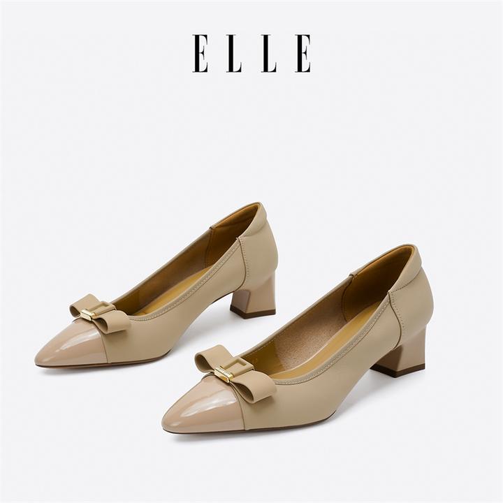 ELLE蝴蝶结通勤风粗跟配裙子气质单鞋女秋季2025新款浅口真皮女鞋