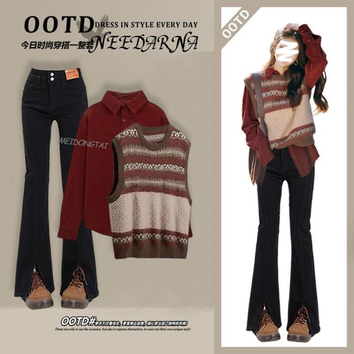 早秋穿搭一整套女2024新款时尚复古衬衫针织马甲开叉牛仔裤三件套