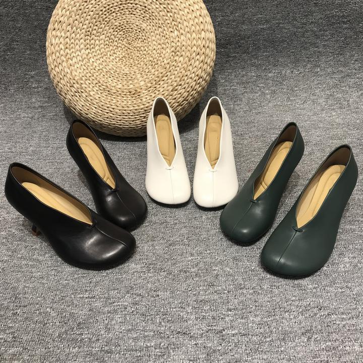 欧洲站2024春秋新款软皮女鞋圆头奶奶鞋细跟百搭英伦复古高跟鞋女