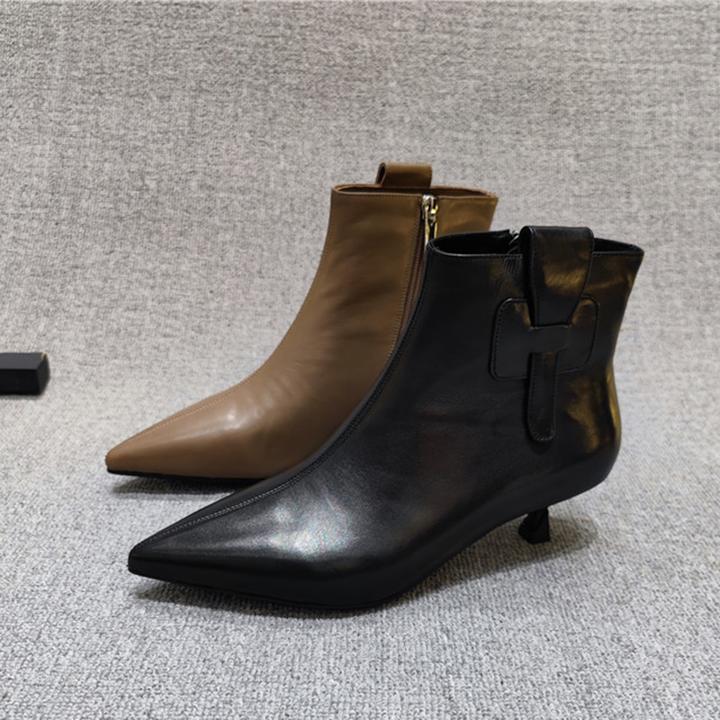 2025秋冬靴子欧货尖头侧拉链气质猫跟靴低跟显瘦法式小短靴及踝靴