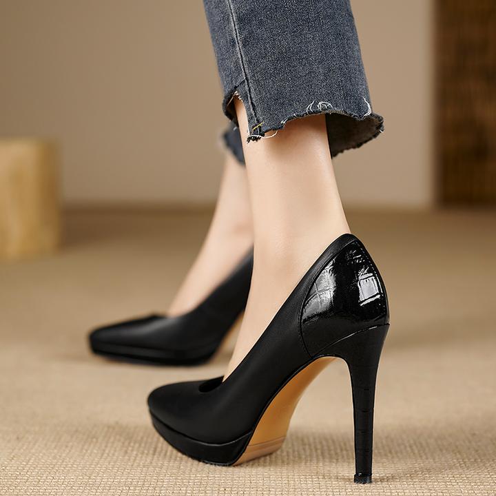 10cm尖头气质单鞋女浅口高跟鞋防水台宴会鞋法式职业细跟女真皮