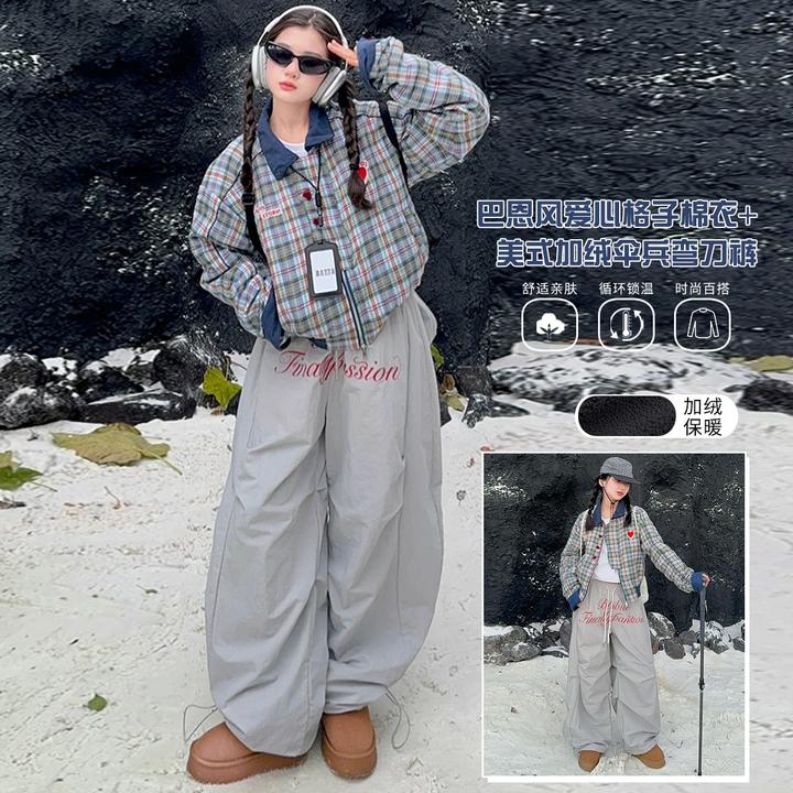 【LUCY定制】女童2024秋冬美式复古爱心格纹百搭翻领短款棉服