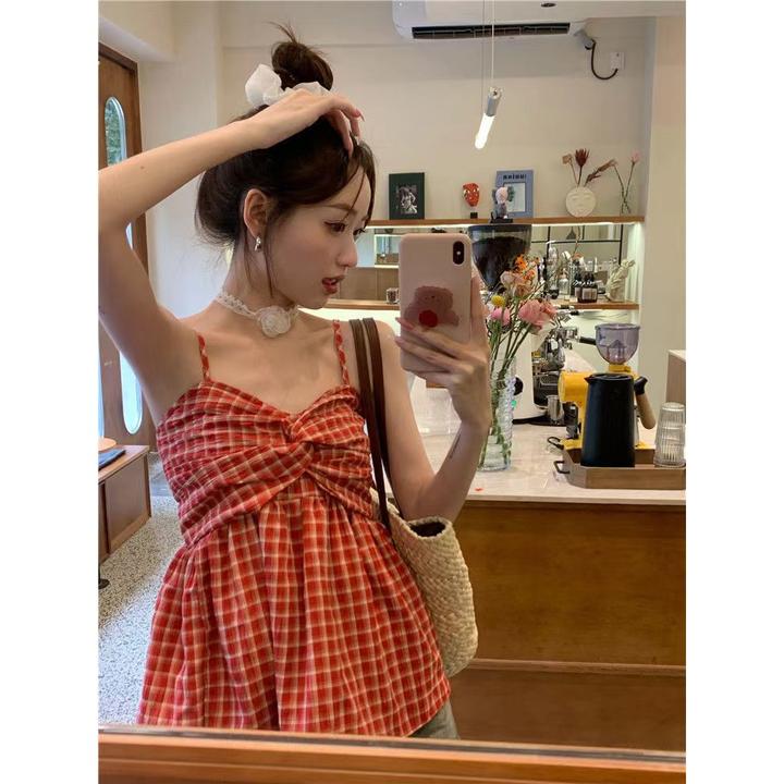 设计感蝴蝶结格子吊带背心女夏季外穿2024新款纯欲甜辣妹无袖上衣