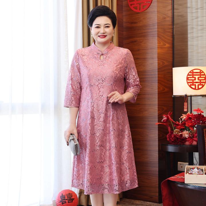 新中式旗袍蕾丝显瘦喜婆婆婚宴装婚礼妈妈礼服高贵连衣裙WL24051