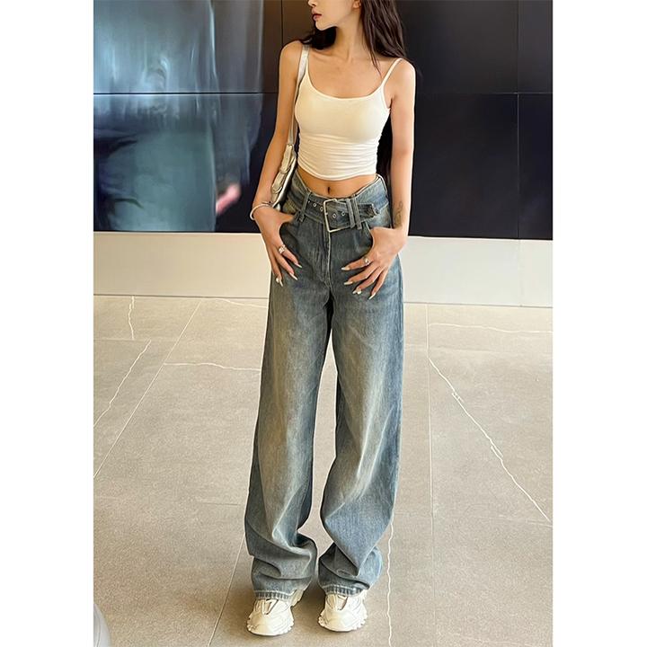 加绒设计感宽腰带低腰阔腿牛仔裤女2025年冬季新款宽松拖地长裤