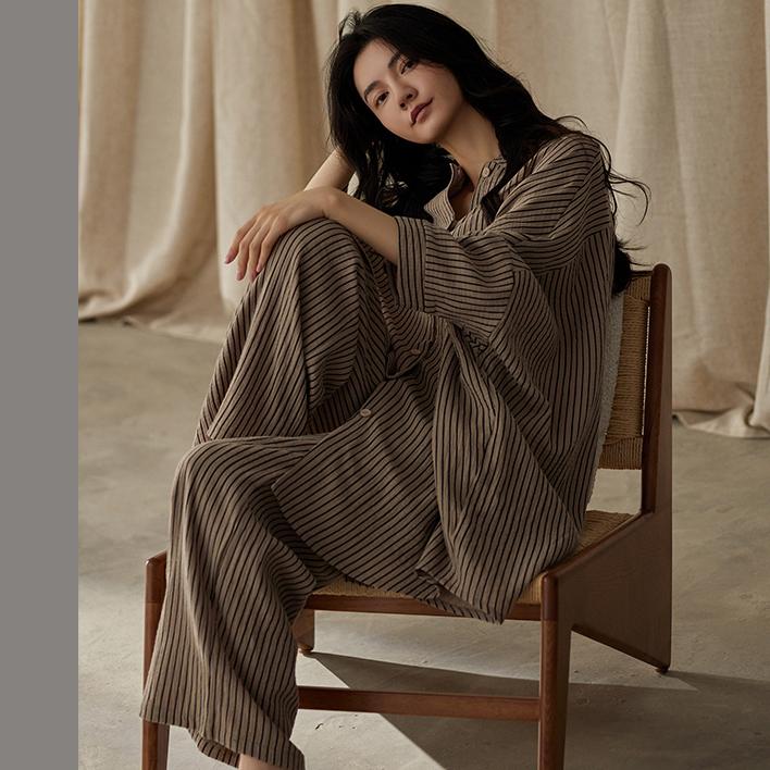 100%纯棉睡衣女春秋季宽松夏款加大码条纹开衫薄款家居服冬可外穿
