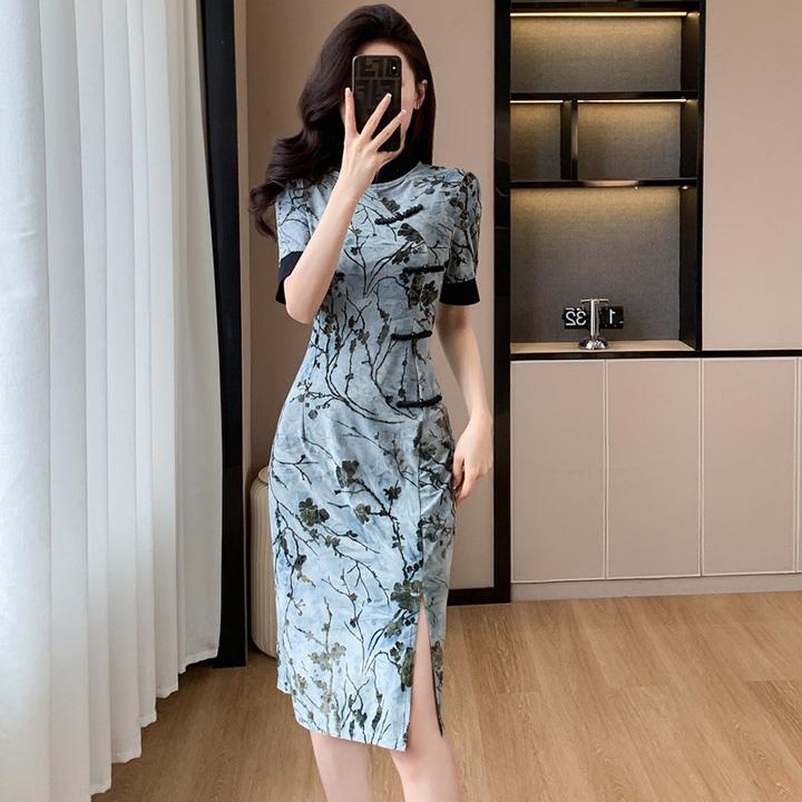 夏季复古气质国风改良旗袍中长裙新中式水墨盘扣开叉连衣裙