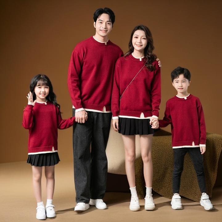 新年红色亲子装秋冬毛衣一家三口四口全家装加厚双层领母子外套潮