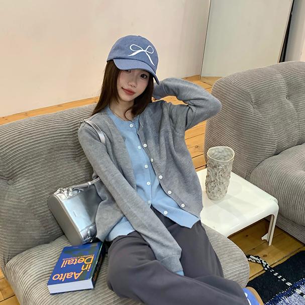 圆领潮桃粉灰蓝假两件针织开衫秋季新款学院风减龄长袖上衣女毛衣