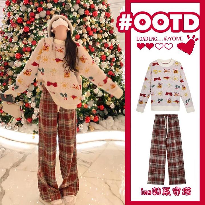 2025孕妇装仿水貂绒秋冬季慵懒风毛衣圣诞韩系ins上衣+格子裤套装