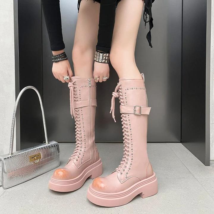超帅粉色铆钉高筒系带马丁靴女粗跟厚底真皮潮流骑士长靴时尚百搭