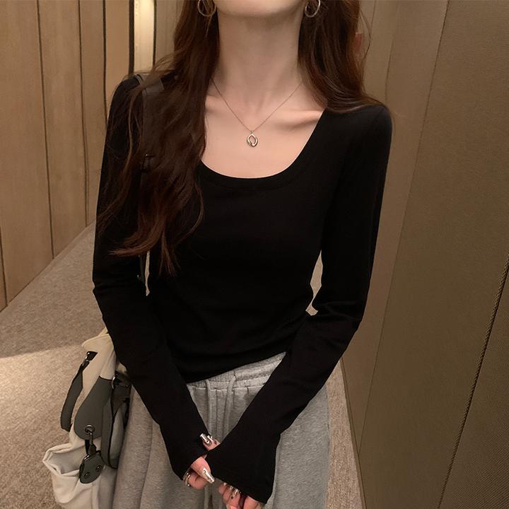 春秋2025年基础纯棉低圆领内搭长袖T恤女洋气修身锁骨纯白t恤女