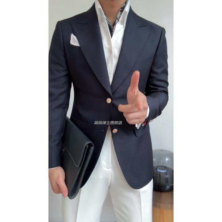新款男士藏青色时尚休闲单排布雷泽单西外套-22188