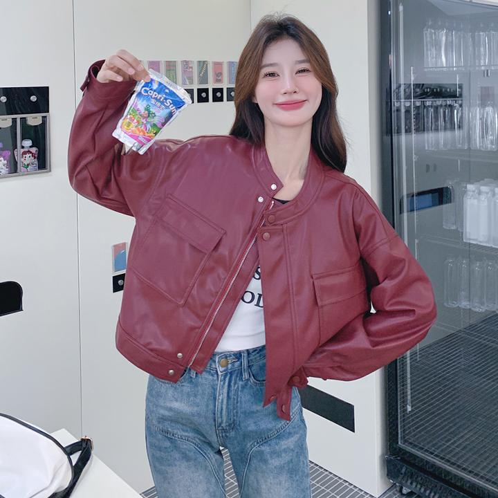 安可拉红皮衣外套女初春2025新款爆款高级感炸街小个子机车皮夹克