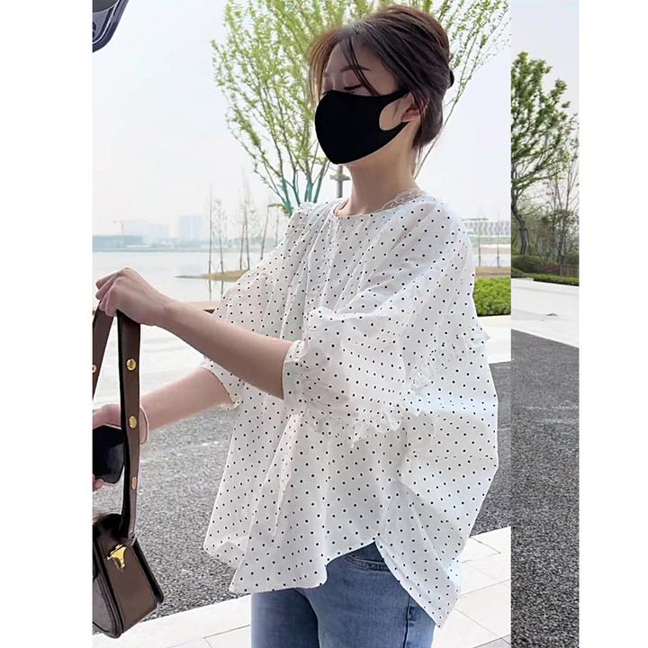 白色中袖衬衫女宽松设计感小众夏季2025圆点泡泡蝙蝠袖上衣娃娃衫