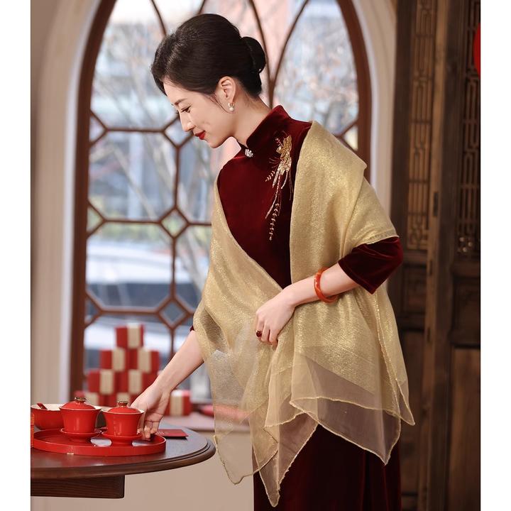2025高档香槟金旗袍披肩女外搭高贵婚礼妈妈喜婆婆外披双层金银纱