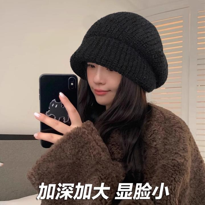 毛线帽女秋冬季日系大版渔夫帽百搭大头围针织保暖护耳冷帽显脸小