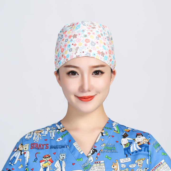 巧护士系带葫芦帽粉小花女医生护士帽薄款透气厨师防油烟帽工作帽