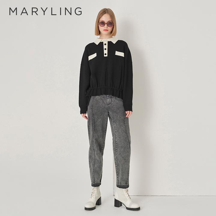 MARYLING玛俪琳秋季时尚黑白撞色POLO小翻领宽松针织衫A1DGW03090