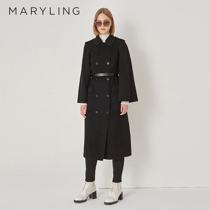 MARYLING玛俪琳冬季经典H廓形双面呢黑色斗篷长款大衣A1DHW93270
