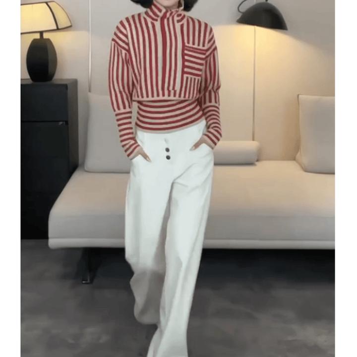 秋冬新款时尚气质洋气百搭条纹上衣高腰阔腿裤女装