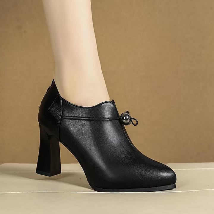 真软皮2024新款防水台高跟侧拉链女鞋深口单鞋四季鞋女士时尚单靴