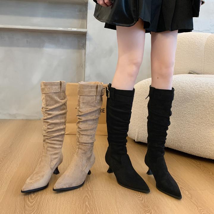 加宽高跟长筒靴女细跟胖mm堆堆靴绒面尖头粗腿大码骑士女靴不过膝