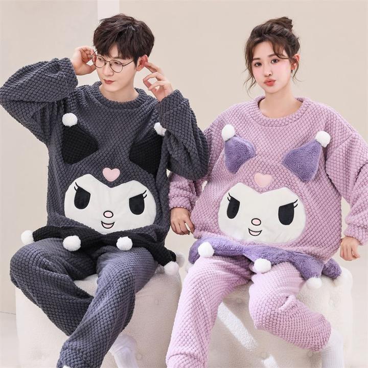 冬季情侣绒男士女士珊瑚绒加厚可爱卡通大码男士法兰绒家居服套装