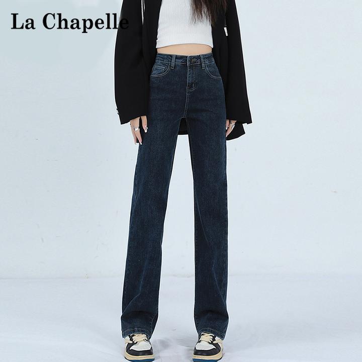 拉夏贝尔窄版直筒裤高腰加绒牛仔裤女2025新款保暖显瘦小个子裤子