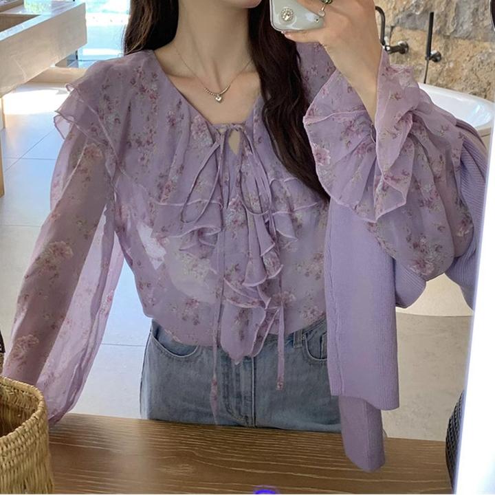 荷叶边碎花2025秋季设计感小众蝴蝶结绑带衬衫法式小清新甜美上衣
