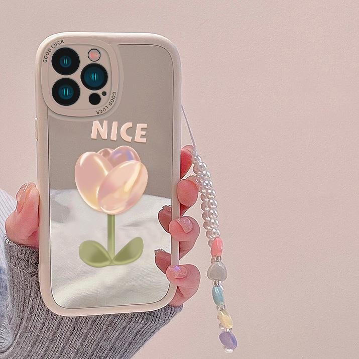 ins风郁金香爱心手链条适用苹果16/15日韩新款补妆镜子简约手机壳