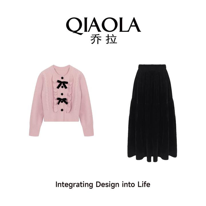 QIAOLA/乔拉【甜心月神】秋冬季北极绒圆领蝴蝶结减龄时尚套装预售