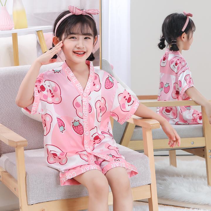 儿童睡衣夏季女童宝宝冰丝短袖薄款甜美卡通女孩子中大童家居服