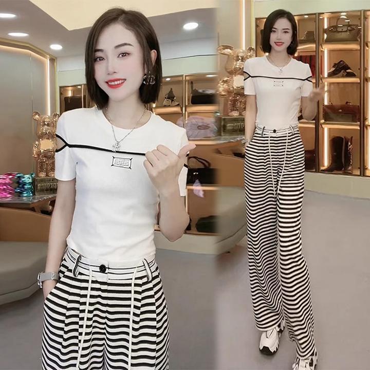欧货运动套装女夏2024新款网红时尚洋气设计感条纹阔腿裤两件套潮