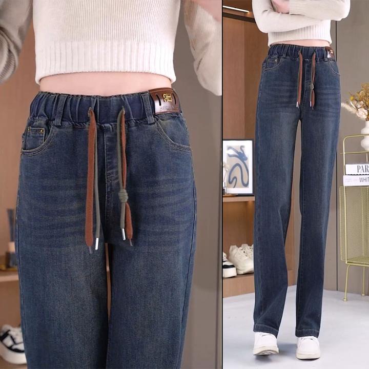 2025年直筒阔腿牛仔裤女秋冬新款高腰宽松百搭松紧带大码女裤6053