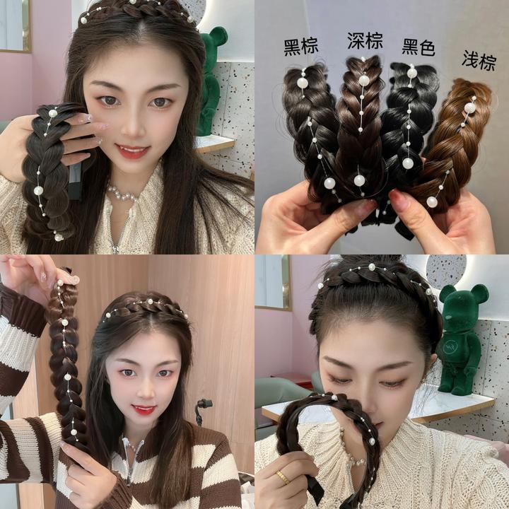 亚克力发饰 新款鱼骨辫假发发箍 三股辫带珠珠假发头饰