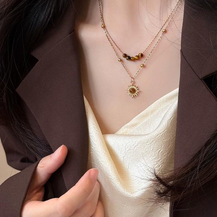 铜合金项链 美拉德太阳花虎眼石项链女叠戴毛衣链秋冬锁骨链配饰