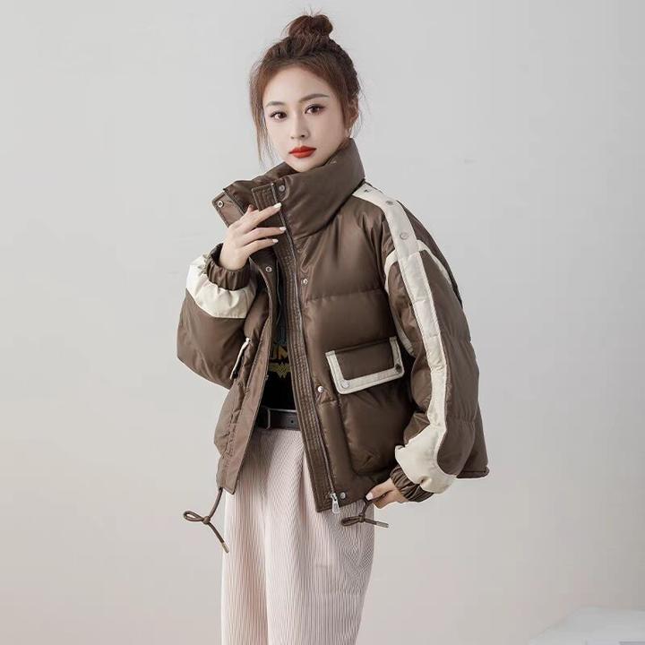 YAYA/鸭鸭宽松保暖PU皮服女2024冬季新款短款立领洋气时尚