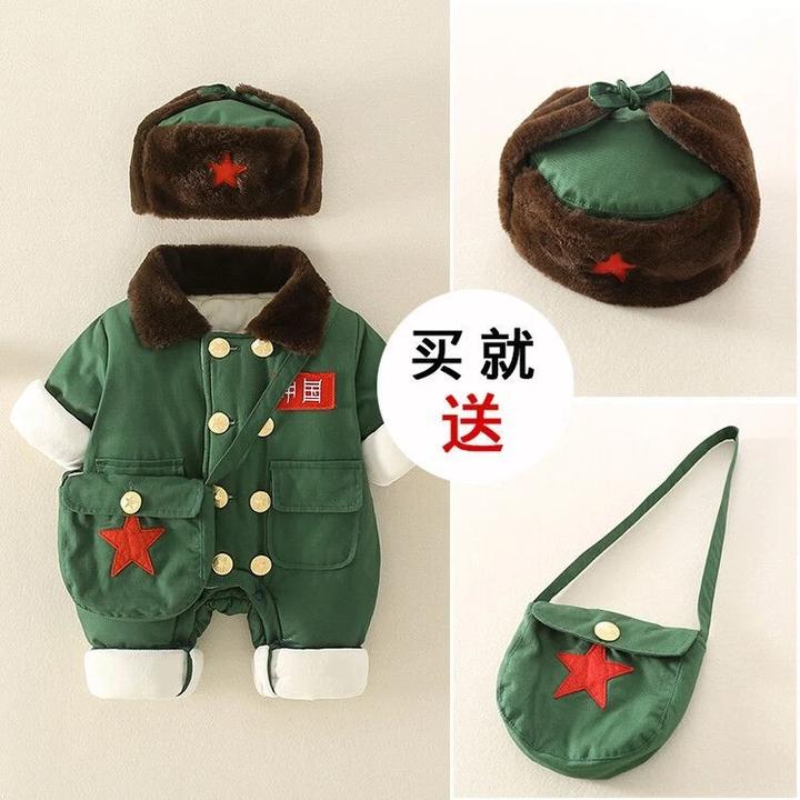 新款婴儿加棉连体哈衣外出家居服男女军绿大衣洋气厚款潮萌娃R204