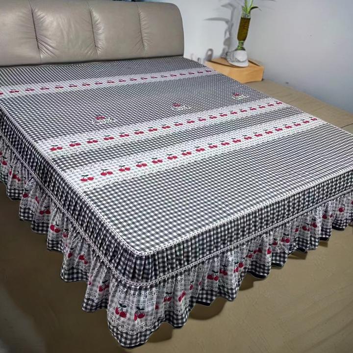 加厚格子樱桃床罩磨毛时尚斜纹花边床裙全包四季通用新款防滑床罩