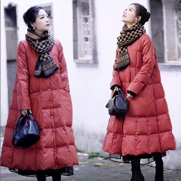 韩版大A版宽松显瘦立领女过膝长款大口袋白鸭绒保暖红色羽绒服