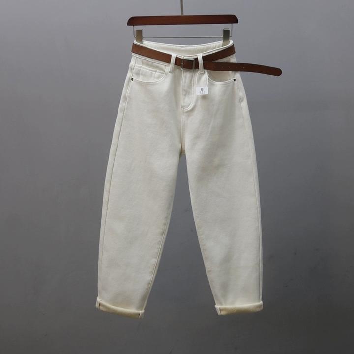 杏色加绒爆款老爹牛仔裤女2025冬薄款高腰显高宽松显瘦哈伦萝卜裤